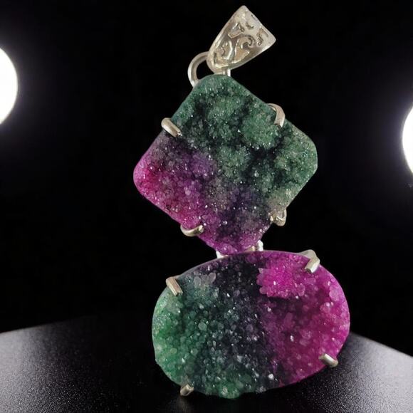 Sterling Silver Rainbow Drusy Pendant Raw Slice Gem Crystal Quartz 2.5" - Picture 1 of 10